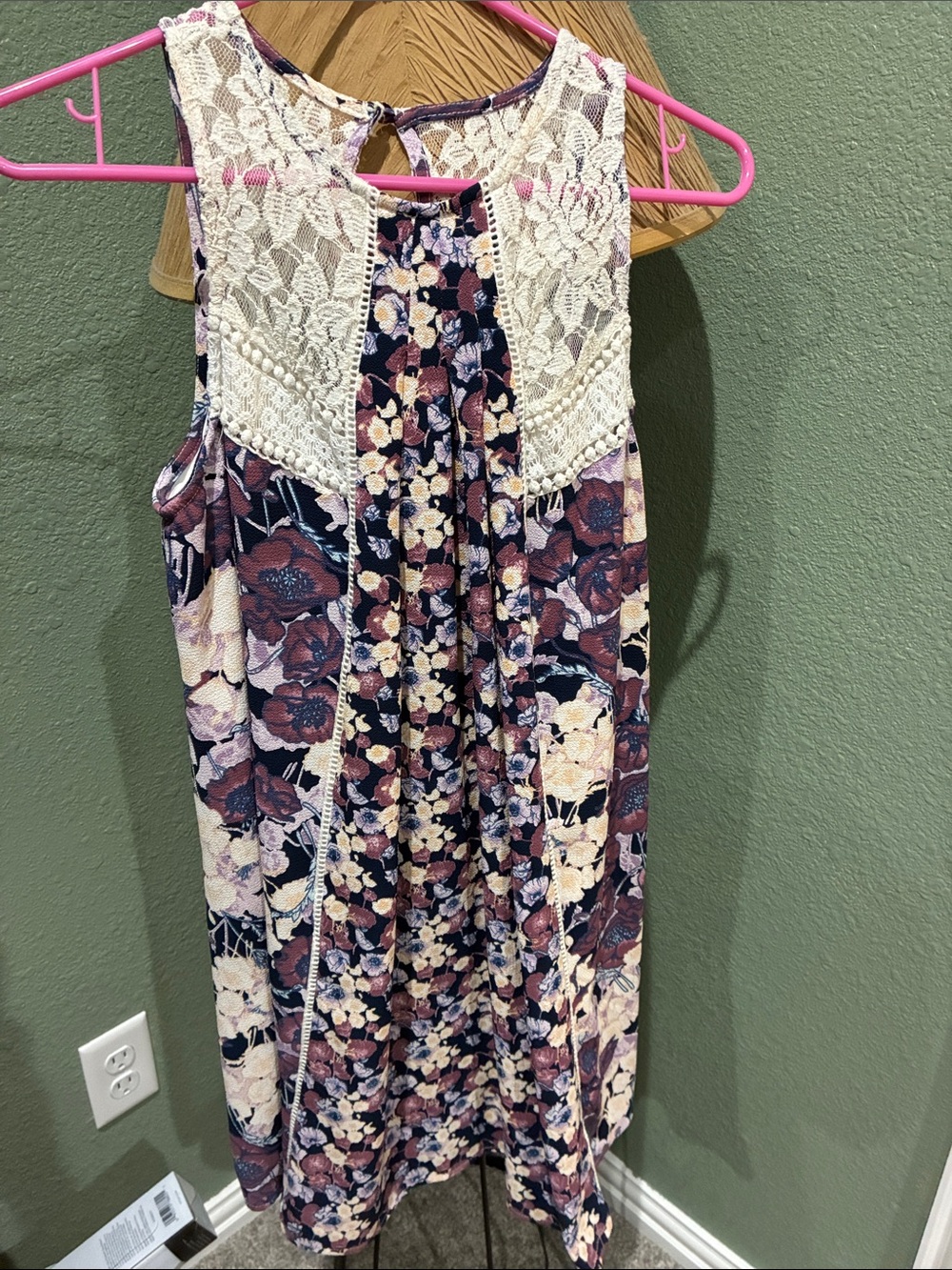 Xhilaration Floral Mini Dress with Cream Lace - Navy, Pink, Brown
